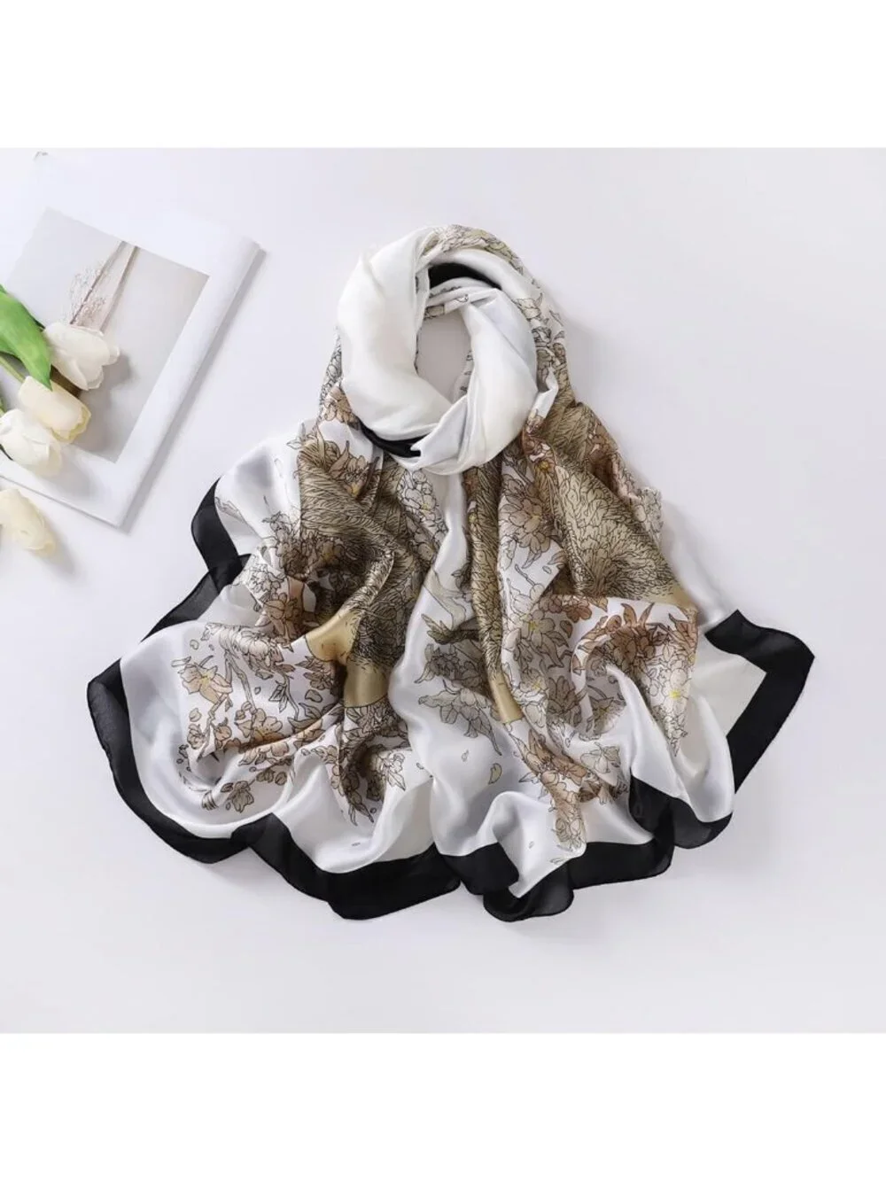 Women's White Black Light Silk Like Scarves Flower Print Head Cotton Wrap Scarf